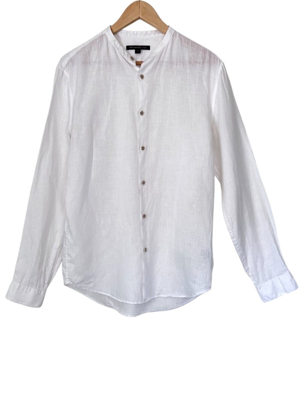 John Varvatos USA 100% Linen Band Collar Long Sleeve White Shirt Men Medium SP15